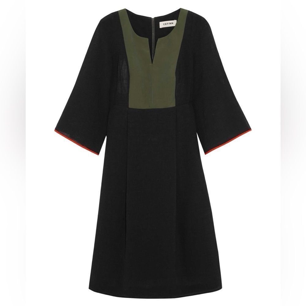 Cefinn Dress Twill-Panel Voile Bell Sleeve milkmaid Black Olive Green Lagenlook